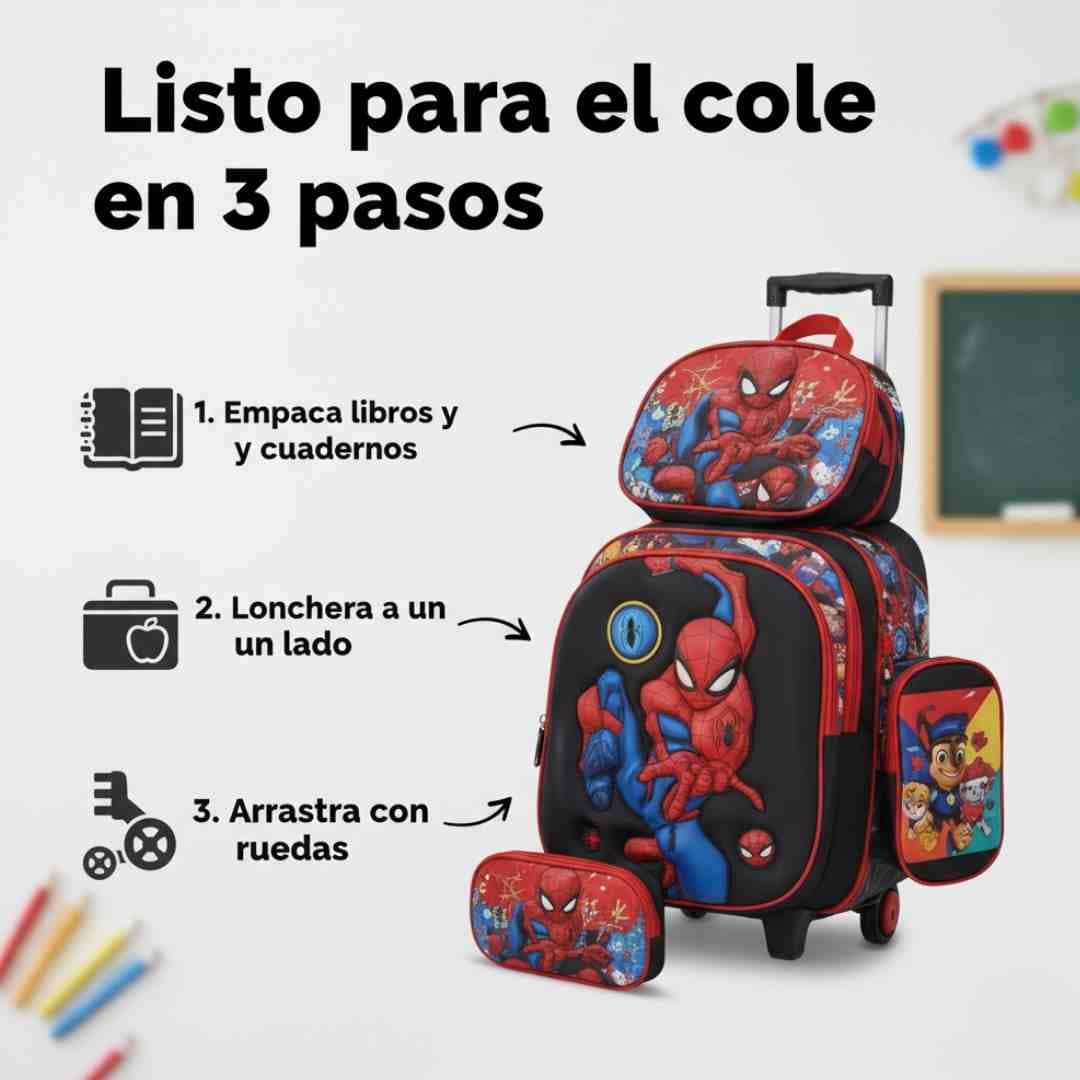 Morrales Trío 3D con Ruedas – Set Completo Escolar