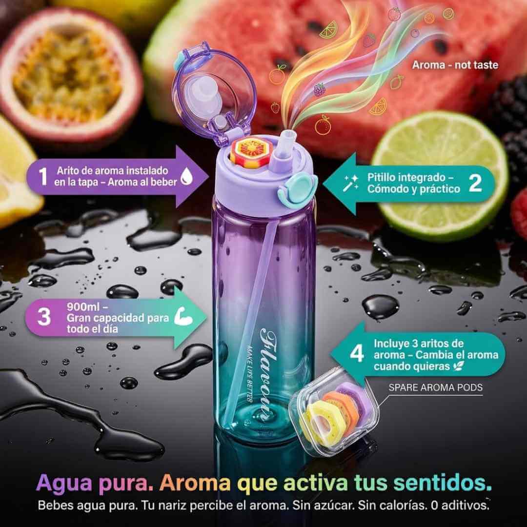 Botella Air Flavour 900ml — toma agua con sabor a Coca-Cola, Maracuyá o Durazno sin azúcar ni calorías + OBSEQUIOS