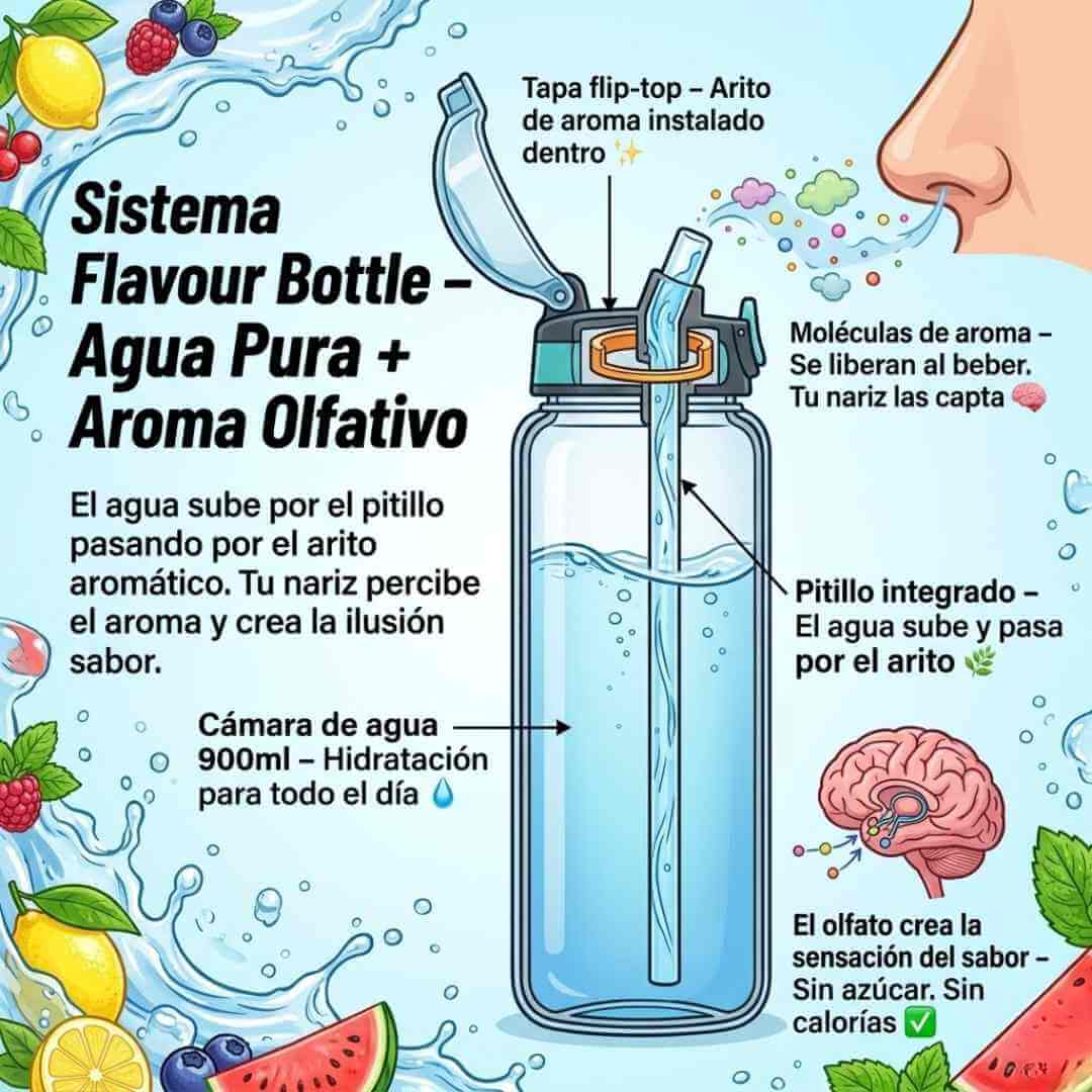 Botella Air Flavour 900ml — toma agua con sabor a Coca-Cola, Maracuyá o Durazno sin azúcar ni calorías + OBSEQUIOS