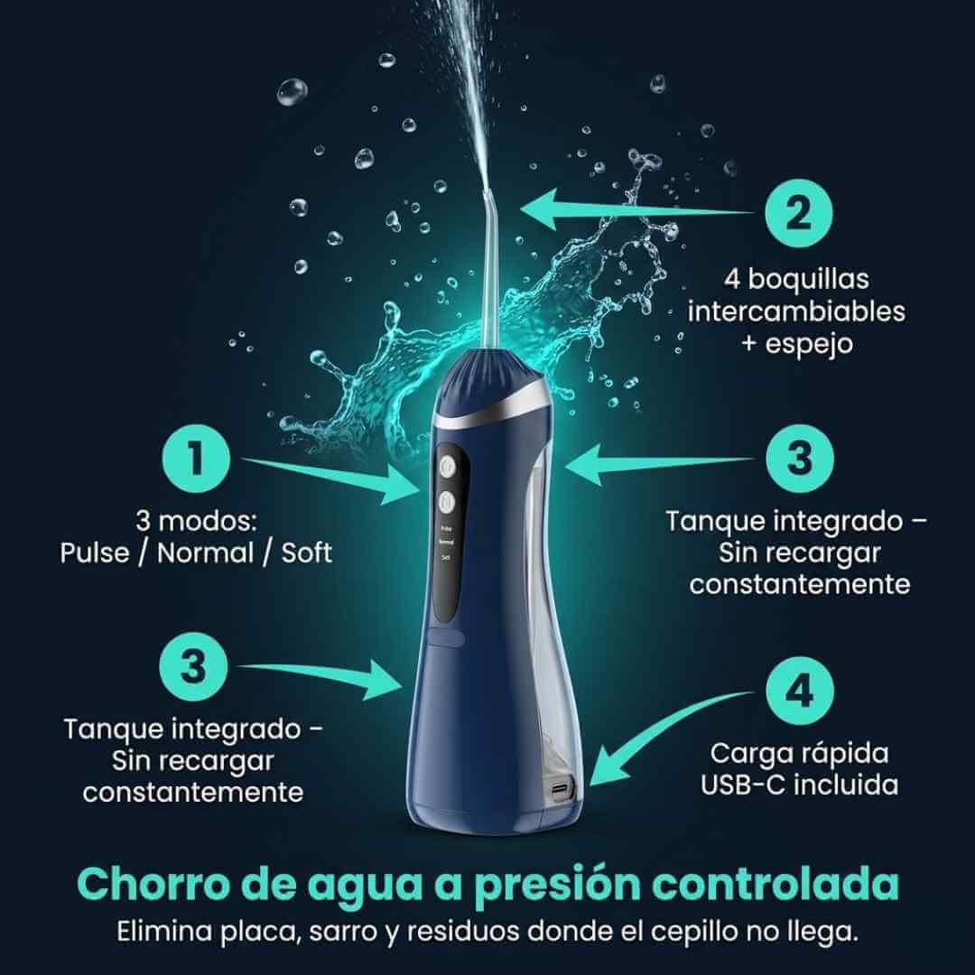 Irrigador Oral Recargable — limpia donde el cepillo no llega en 60 segundos + OBSEQUIOS