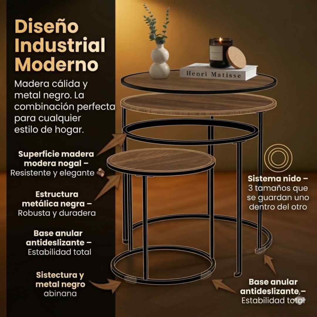 Juego de 3 Mesas Modulares – Estilo Moderno y Funcional + Obsequio