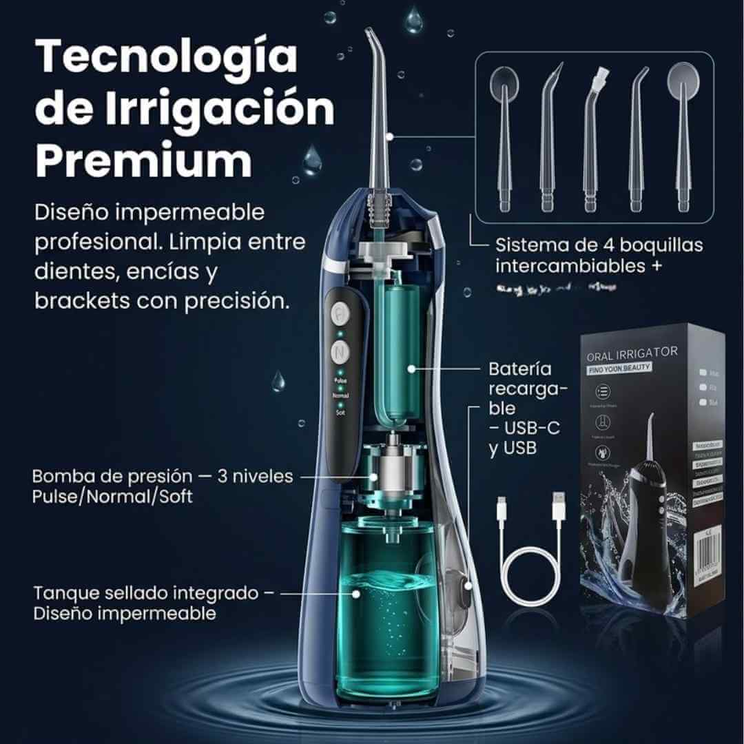 Irrigador Oral Recargable — limpia donde el cepillo no llega en 60 segundos + OBSEQUIOS