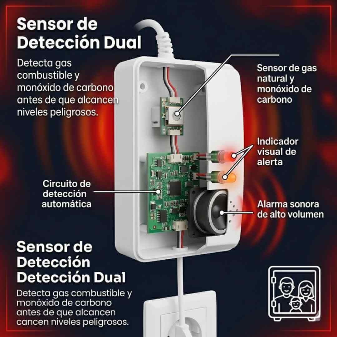 Detector de Alarma de Fugas de Gas + Monóxido de Carbono - Seguridad 24/7 + OBSEQUIO
