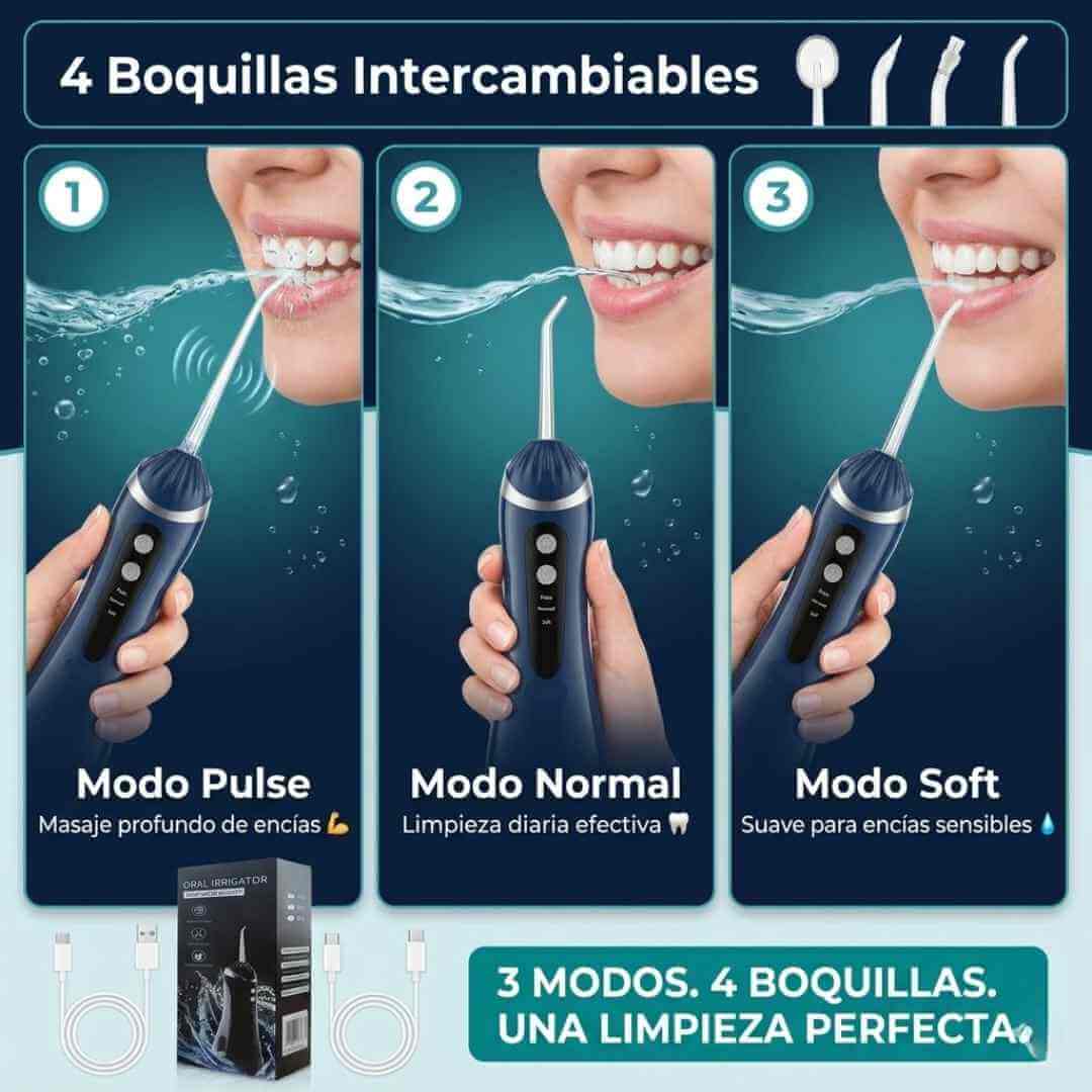 Irrigador Oral Recargable — limpia donde el cepillo no llega en 60 segundos + OBSEQUIOS