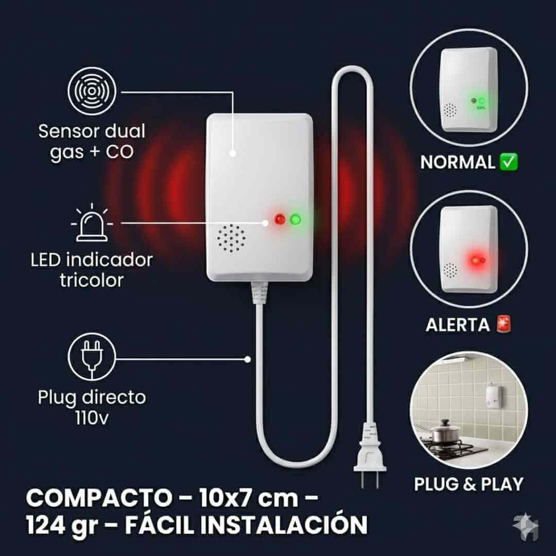 Detector de Alarma de Fugas de Gas + Monóxido de Carbono - Seguridad 24/7 + OBSEQUIO